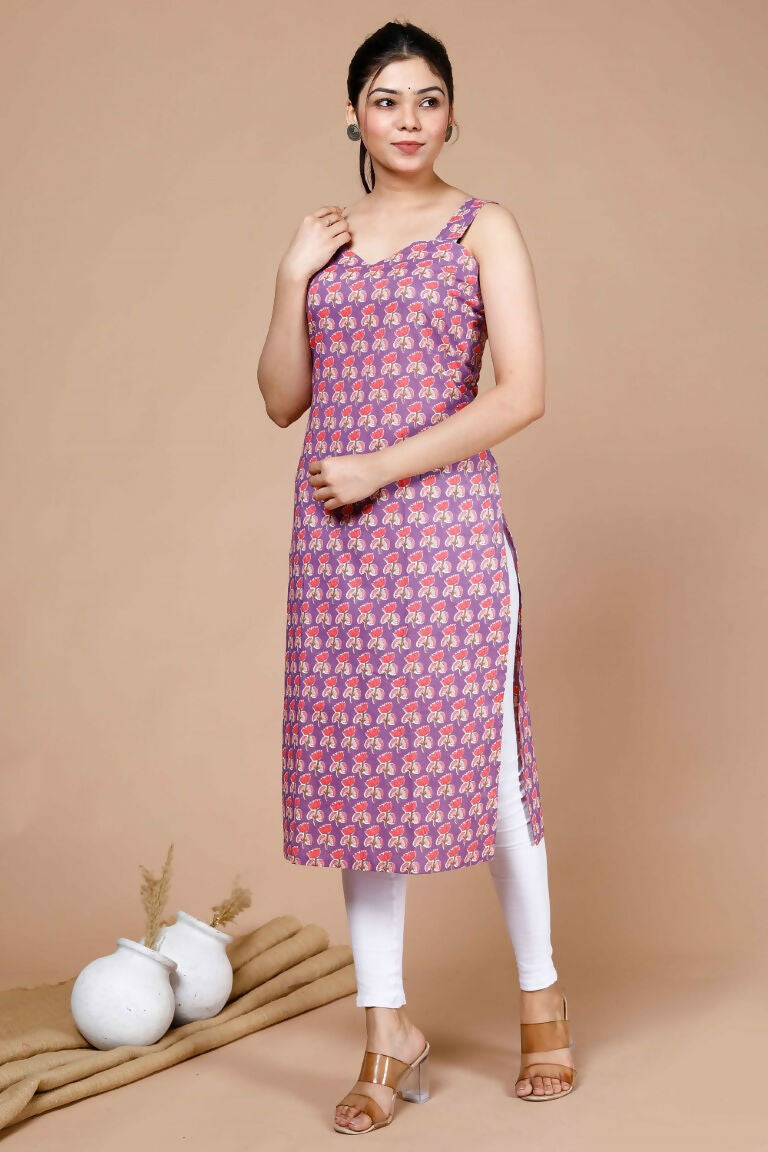 Miravan Women's Ethnic Motifs Printed Sweetheart Neck Shoulder Straps Cotton Straight Kurta | Grocsy