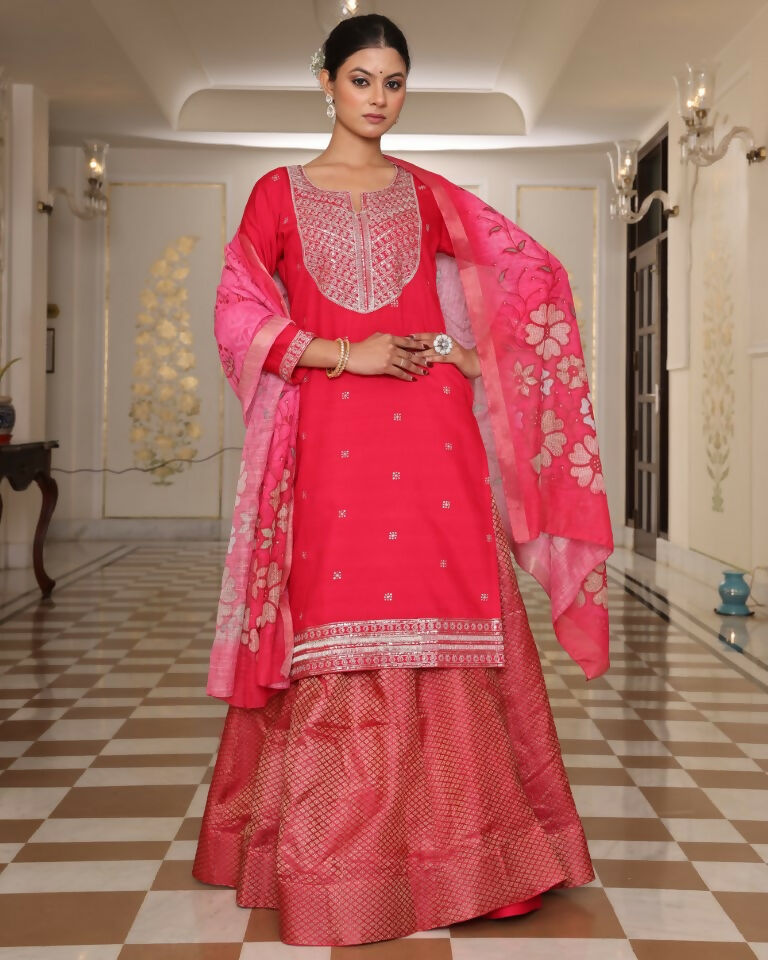 Jyoti Fashion Women's Pink Cotton Silk Floral Print with Embroidered Kurta Set | Grocsy