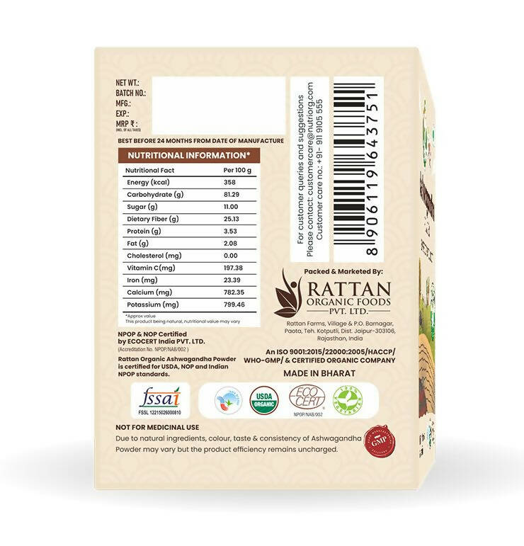 Nutriorg Certified Organic Ashwagandha Powder | Grocsy