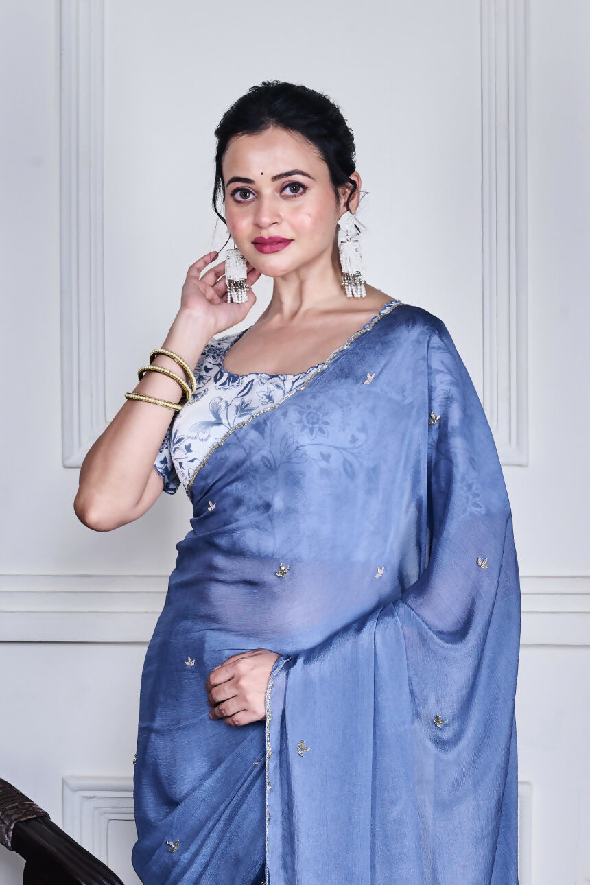 Morchari Grey Chiffon Hand Embroidery Saree And Stitched Blouse | Grocsy