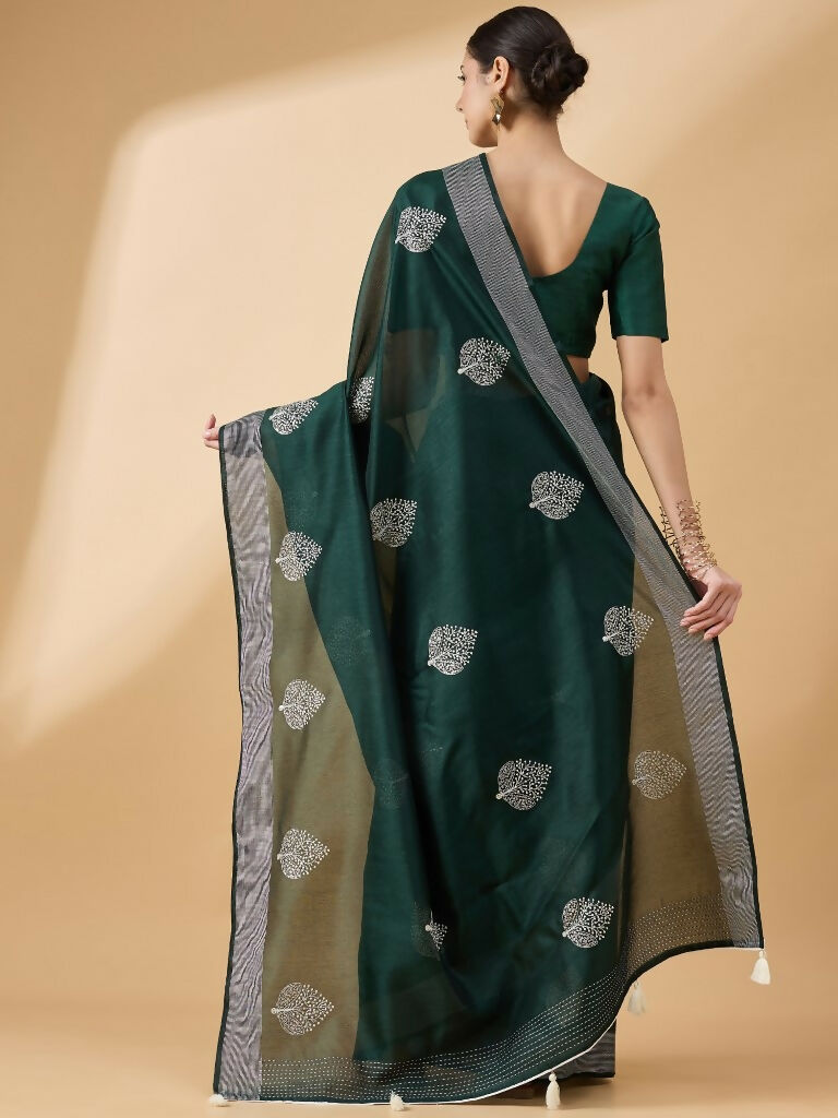 Green Cotton Blend Thread Embroidered Saree with Unstitched Blouse - Satya | Grocsy