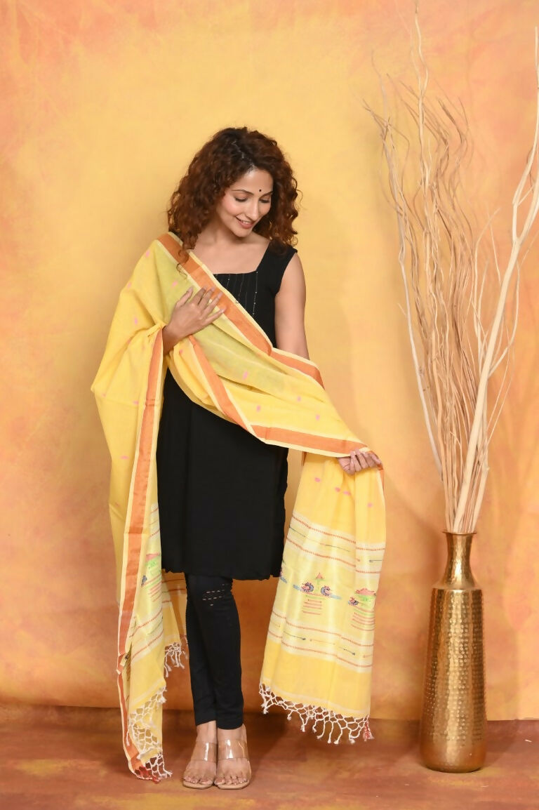 Very Much Indian Handloom Pure Cotton Paithani Dupatta - Yellow | Grocsy