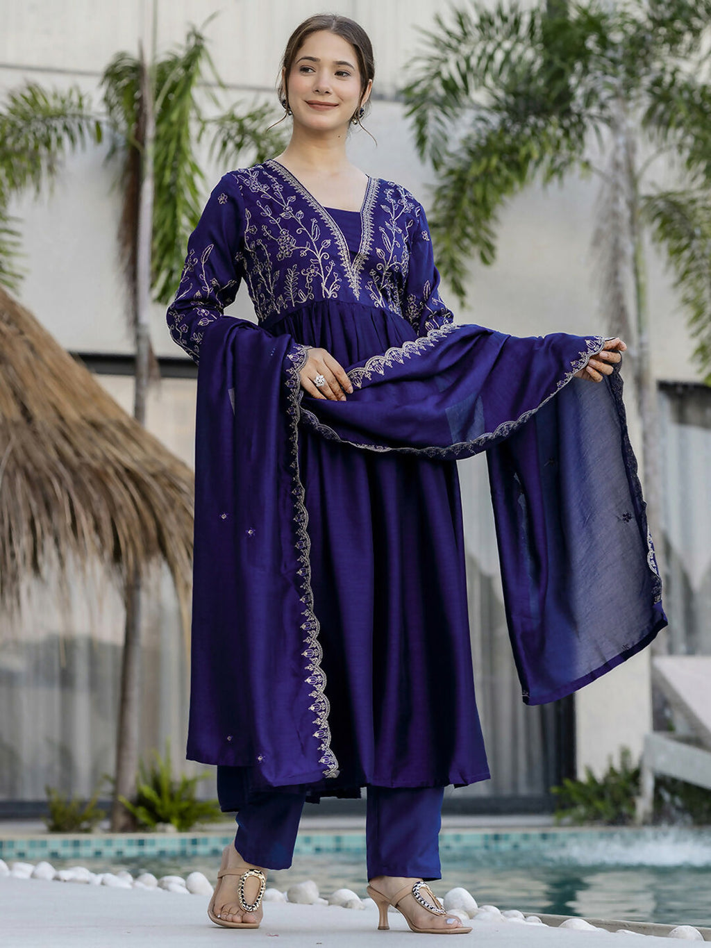 The52 Blue Women's Beautiful Embroidered Vichitra Silk Fabric with Flared Kurta, Pant and Dupatta Set | Grocsy