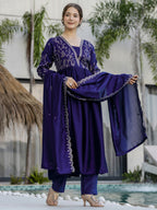 The52 Blue Women's Beautiful Embroidered Vichitra Silk Fabric with Flared Kurta, Pant and Dupatta Set | Grocsy