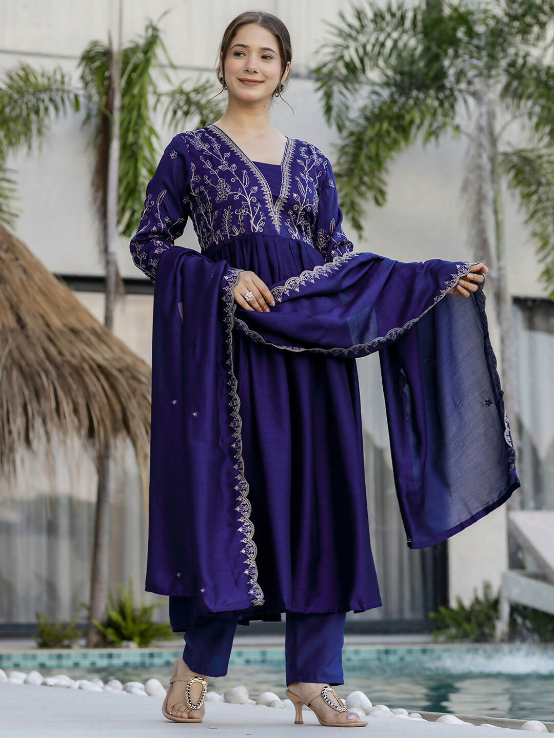 The52 Blue Women's Beautiful Embroidered Vichitra Silk Fabric with Flared Kurta, Pant and Dupatta Set | Grocsy