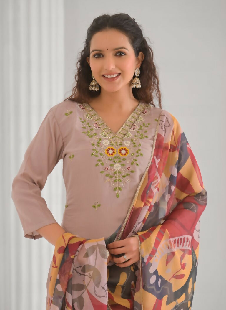 Ethnic Festive Wear Chanderi with Cotton Lining Beige Stitched Suit With Dupatta - Tanisha | Grocsy