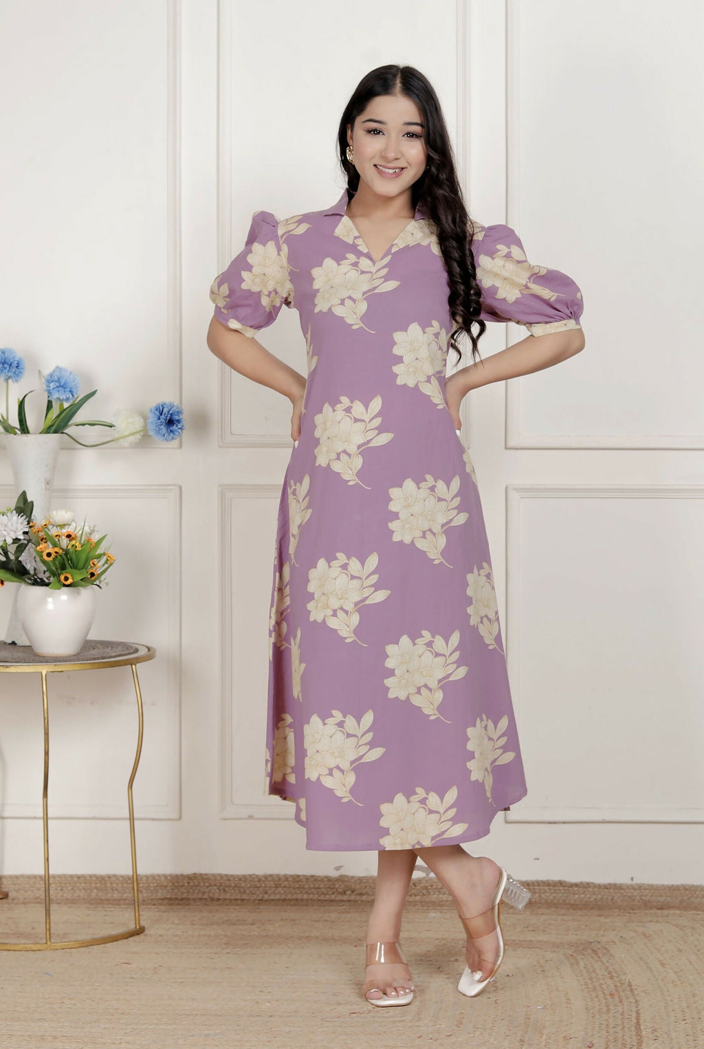 Miravan Womens Lavender Floral Printed A-Line Maxi Dress | Grocsy