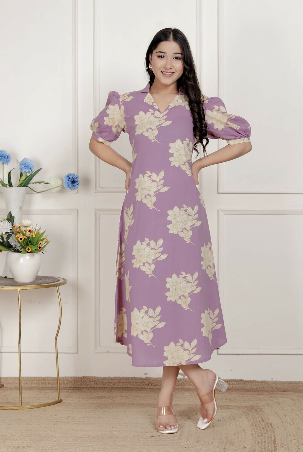 Miravan Womens Lavender Floral Printed A-Line Maxi Dress | Grocsy