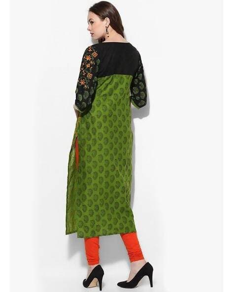 Cheera Hand Block Print Olive Green And Black Anarkali Kurta (MAAI-069K) | Grocsy