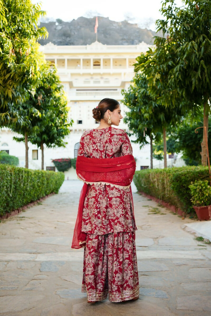 Vaasva Women Maroon Muslin Floral & Embroidered Cut Work Kurta ,Sharara & Dupatta set | Grocsy