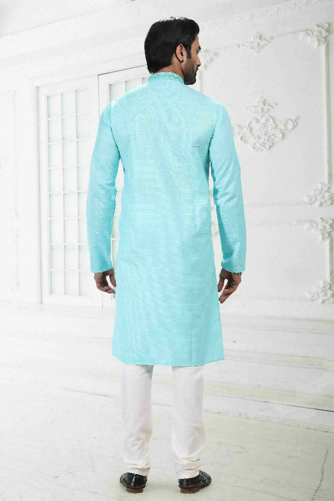 Raivat Ethnic Linen Cotton Thread Work Kurta Pajama In Sky Blue Colour | Grocsy