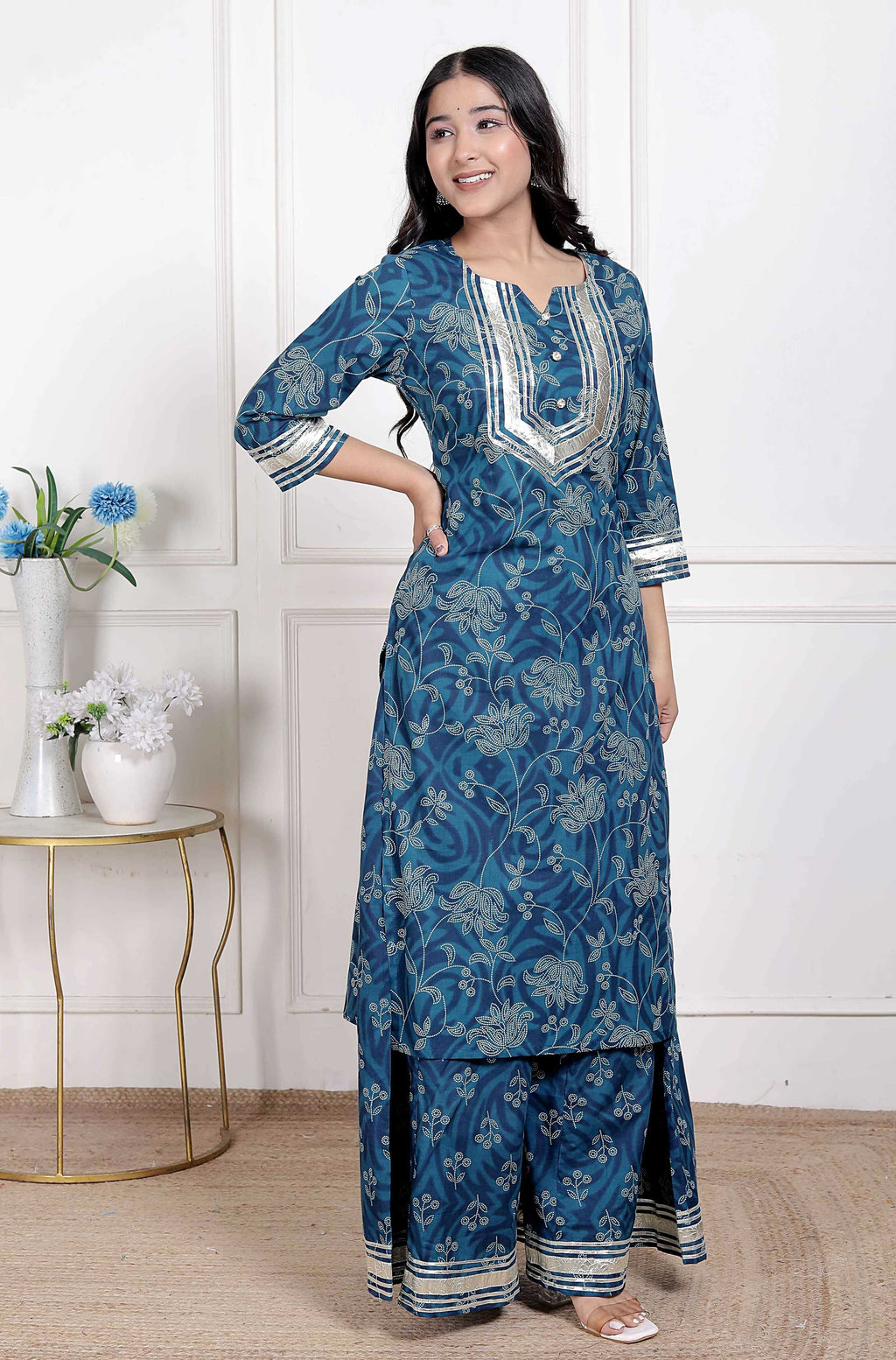 Miravan Women's Cotton Floral Printed V-Neck Kurta with Flared Palazzo | Grocsy