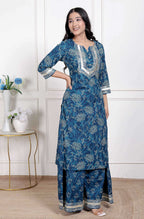 Miravan Women's Cotton Floral Printed V-Neck Kurta with Flared Palazzo | Grocsy