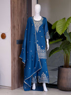Teeya Creation Blue Embroidered Silk Palazzo Suit With Dupatta | Grocsy