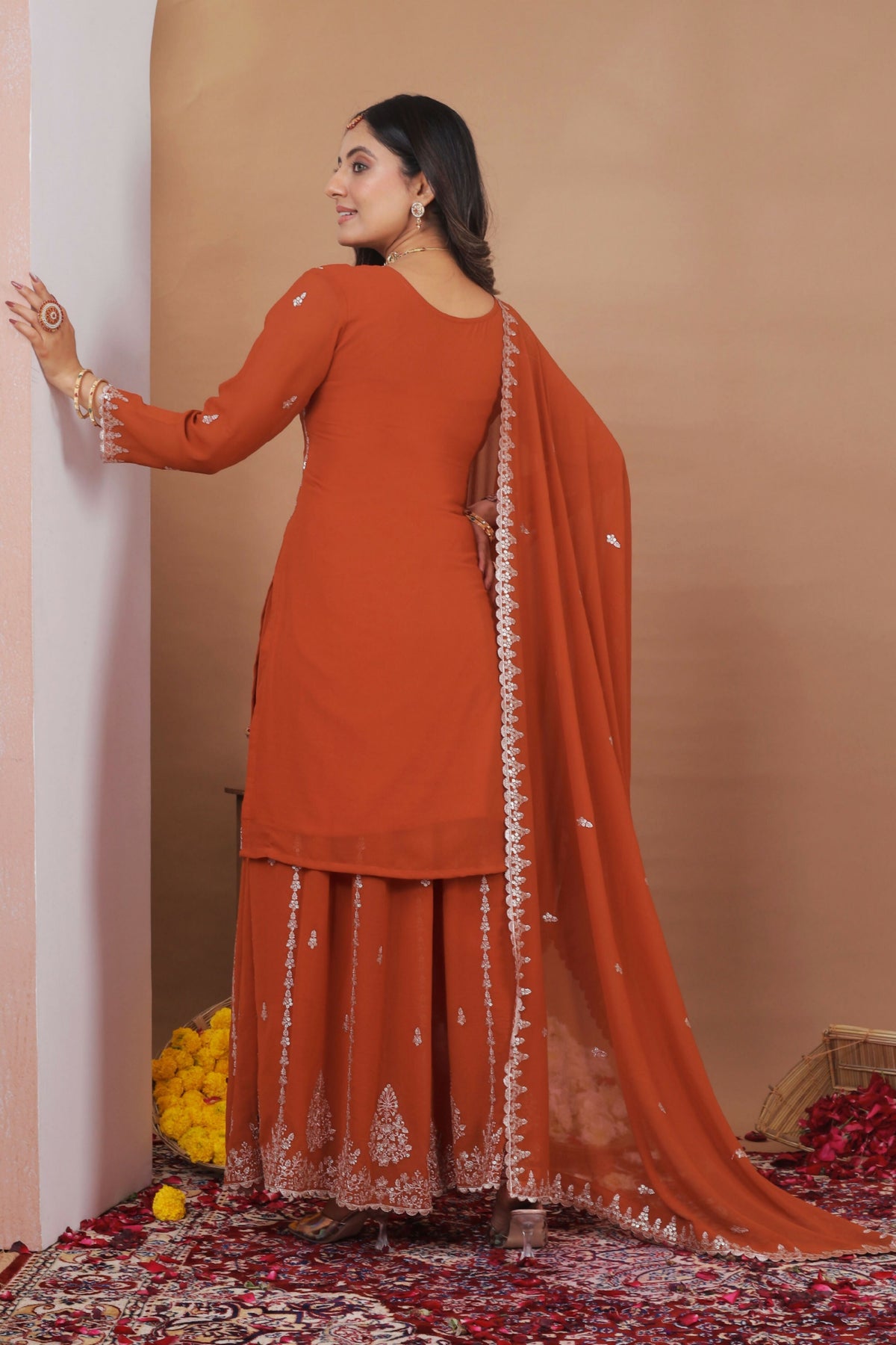 The52 Women's Gorgeous Embroidery Work Fox Georgette Fabric Straight Kurta Sharara and Dupatta Set-Orange | Grocsy