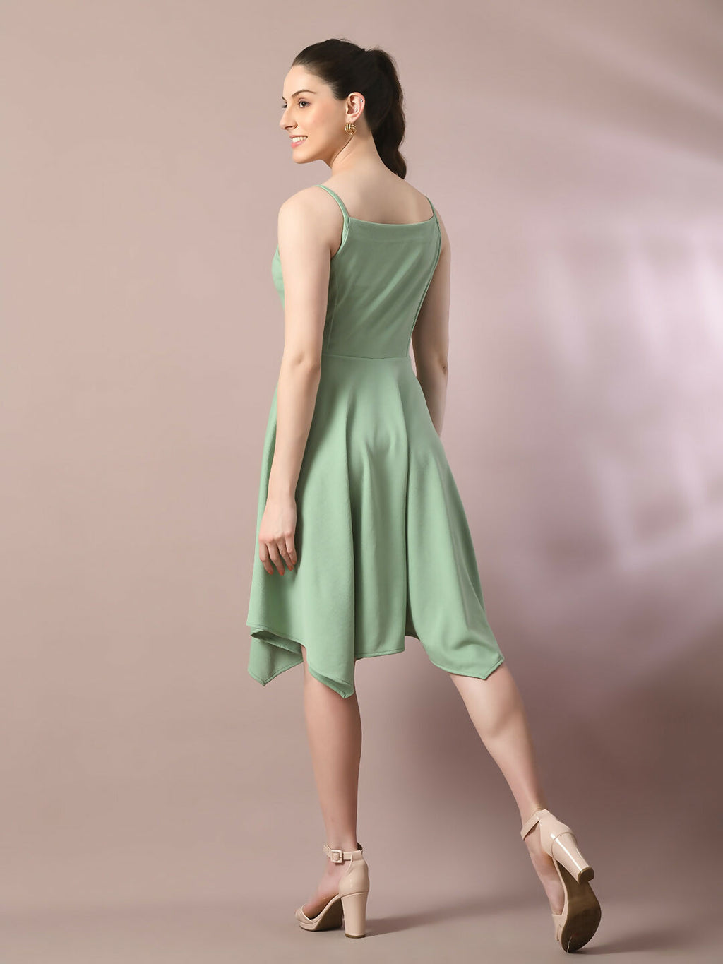 Myshka Women's Sea Green Solid Shoulder Straps Fit and Flare Party Dress | Grocsy