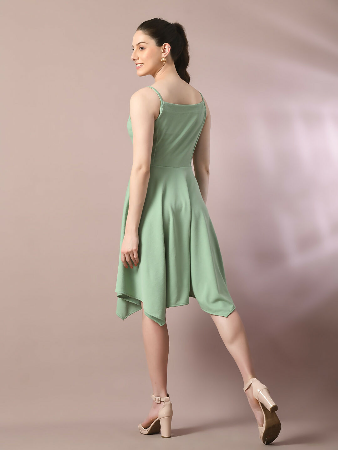 Myshka Women's Sea Green Solid Shoulder Straps Fit and Flare Party Dress | Grocsy