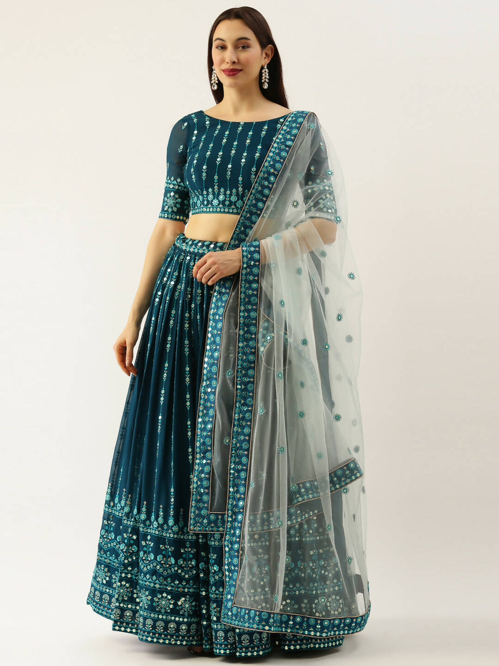 House of Panchhi Women Teal Georgette Sequins Work Lehenga & Blouse with Dupatta | Grocsy