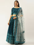 House of Panchhi Women Teal Georgette Sequins Work Lehenga & Blouse with Dupatta | Grocsy