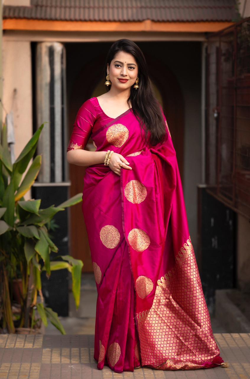 Rani Silk Woven Saree with Unstitched Blouse - Hiral Fashion | Grocsy