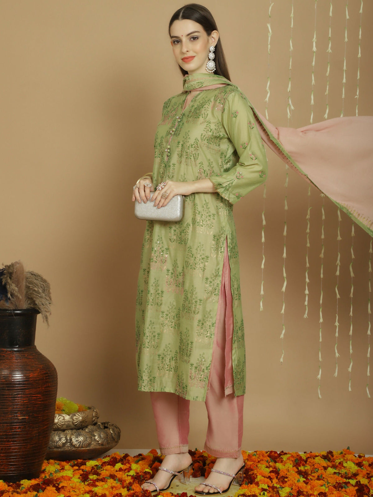 Jyoti Fashion Women's Green Chanderi Silk Elegant Jardoshi Semi Kurta with Trouser & Dupatta | Grocsy