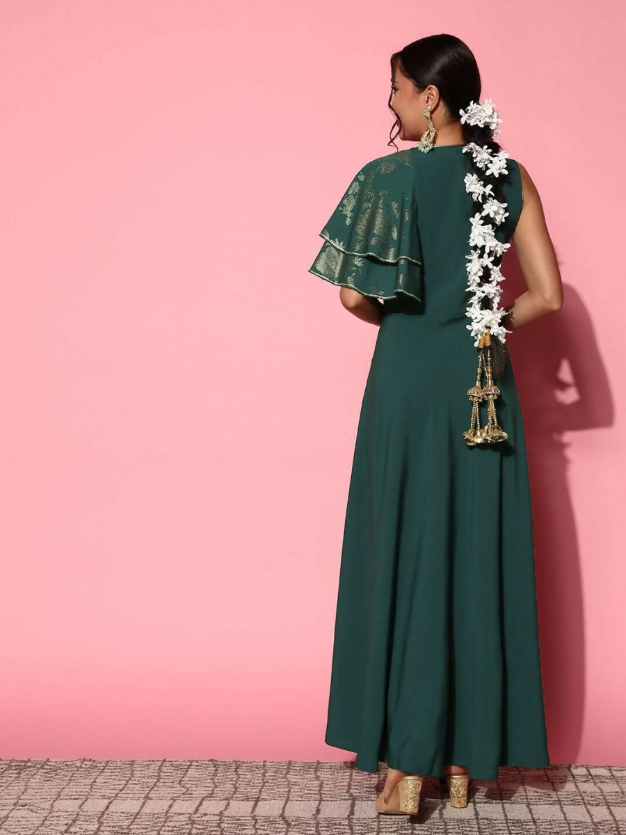 Ahalyaa Gorgeous Green Ethnic Motifs Ruffled Dress | Grocsy
