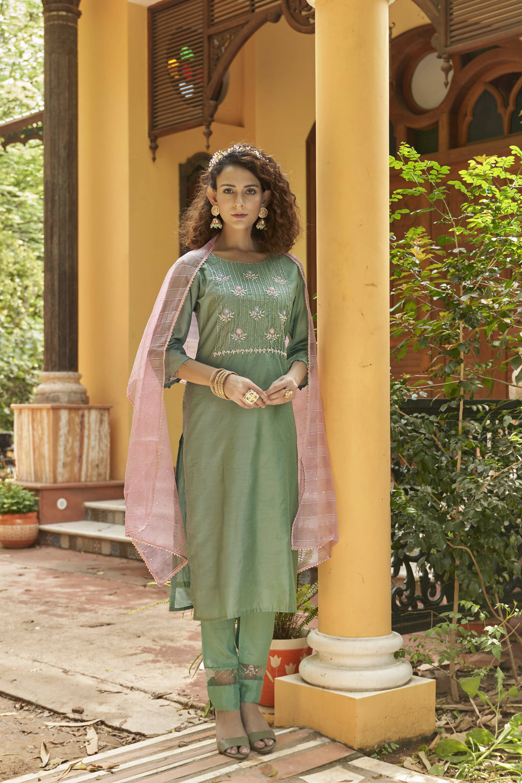 Green Chinon Embroidered Kurta and Bottom with Dupatta - Akashara | Grocsy
