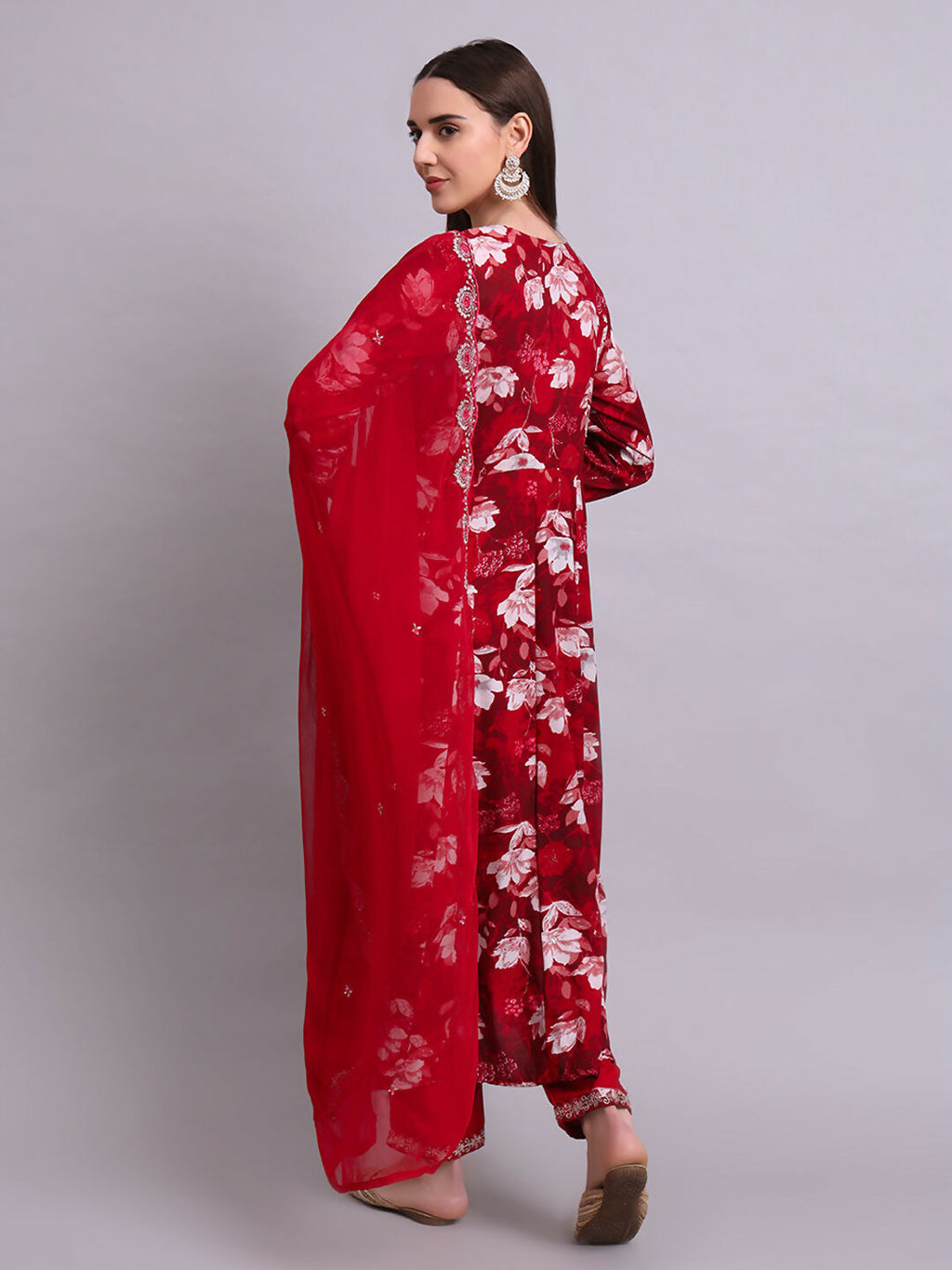 Joban Fashion Mahroon Cotton Floral Printed & Embroidery Work Anarkali Kurta With Trousers & Dupatta Set | Grocsy