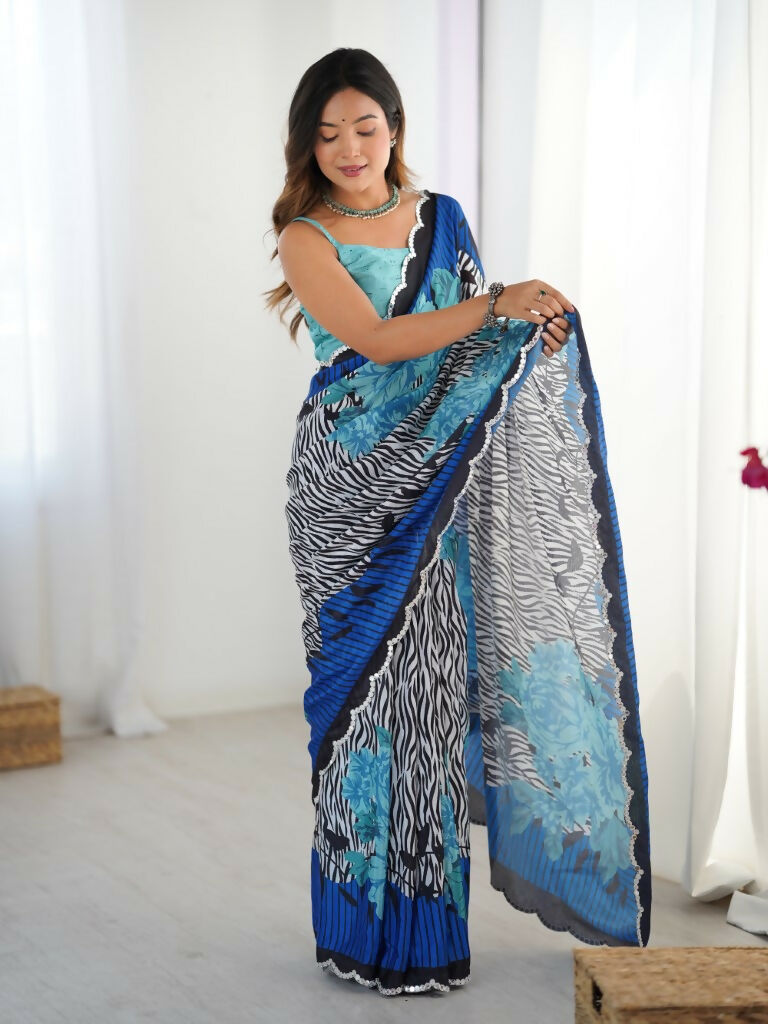 Blue Chinon Designer Digital Printed,Mirror Cut Work Saree - Manvika | Grocsy