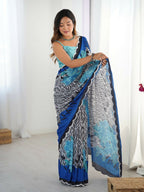 Blue Chinon Designer Digital Printed,Mirror Cut Work Saree - Manvika | Grocsy