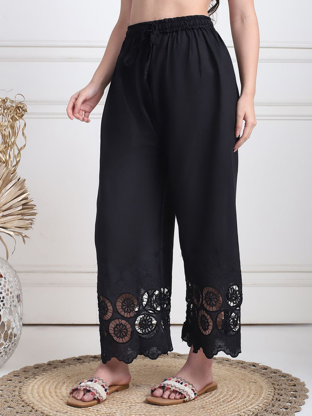 TAG 7 Women Floral Hem Design Flared Ethnic Palazzos | Grocsy