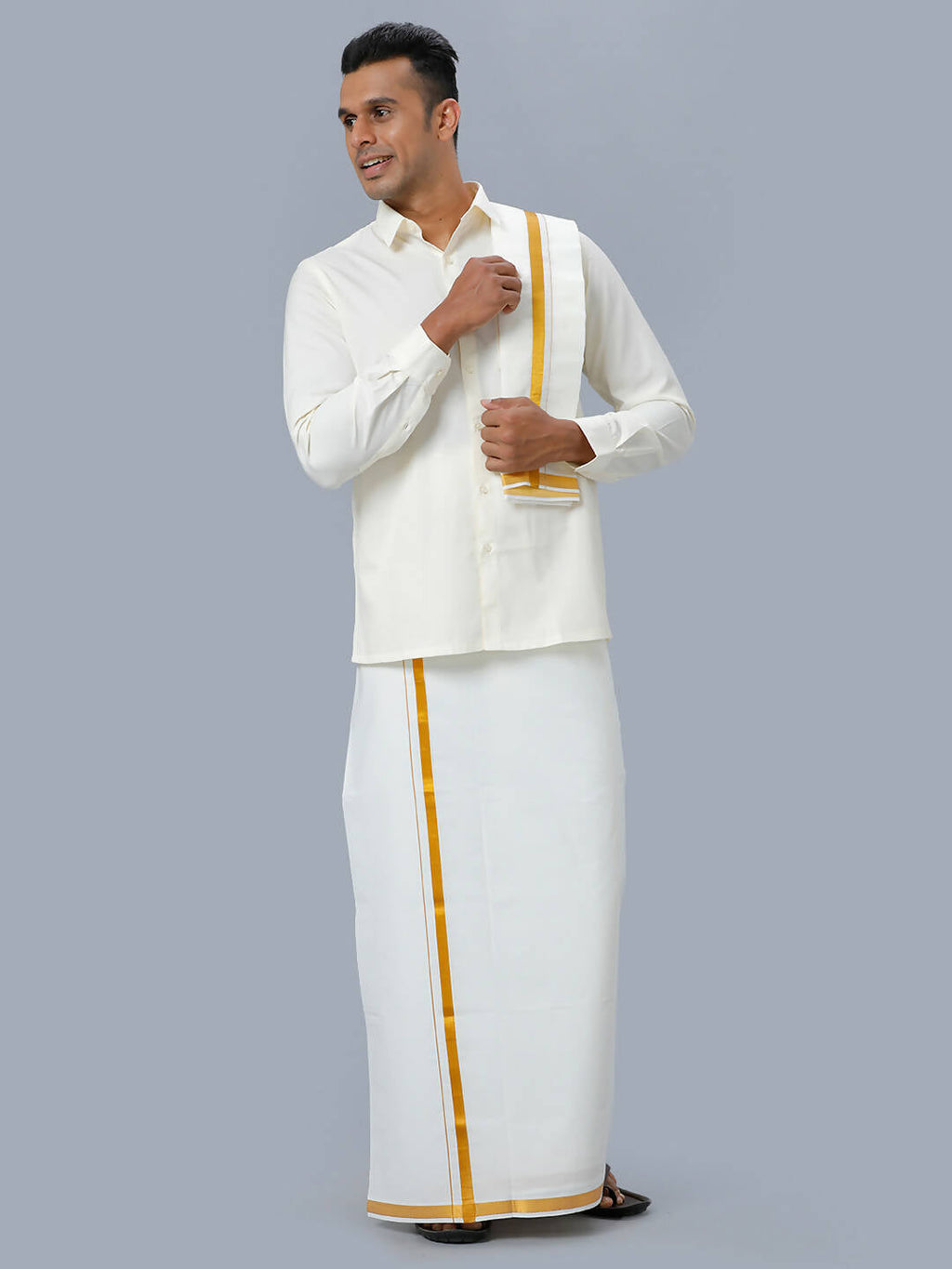 Ramraj Cotton Mens Wedding Set Cream Regular Dhoti, Shirt & Towel | Grocsy