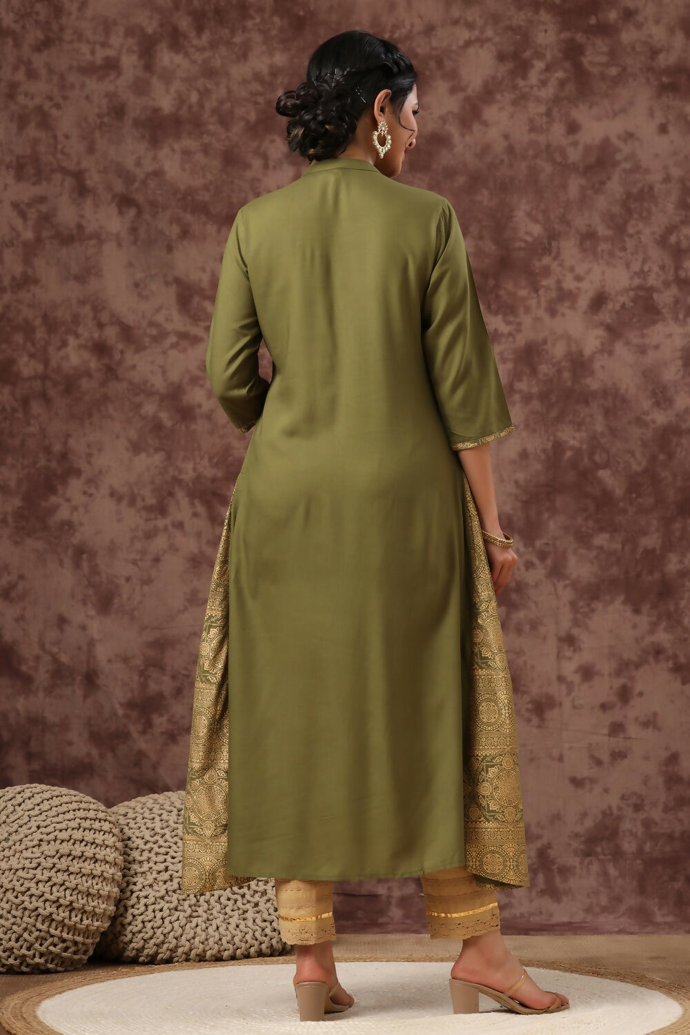 Juniper Olive Ethnic Motif Printed Rayon A-Line Women Kurta | Grocsy