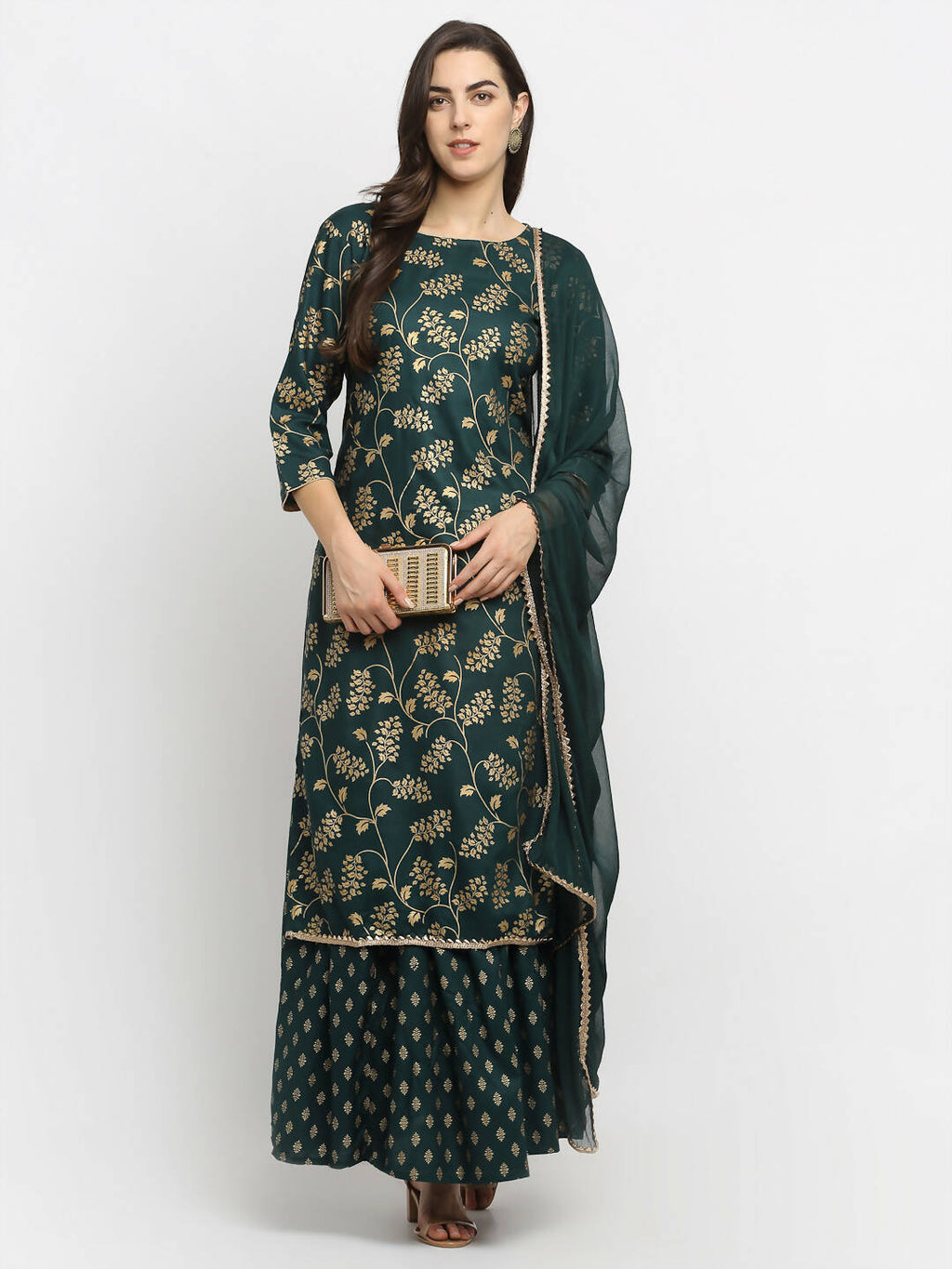 Rudra Bazaar Green Gold Printed Straight Kurta with Gold Printed Skirt & Dupatta | Grocsy