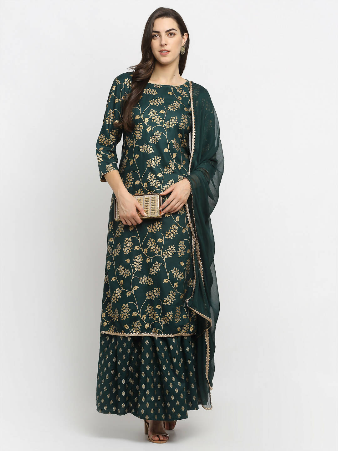 Rudra Bazaar Green Gold Printed Straight Kurta with Gold Printed Skirt & Dupatta | Grocsy