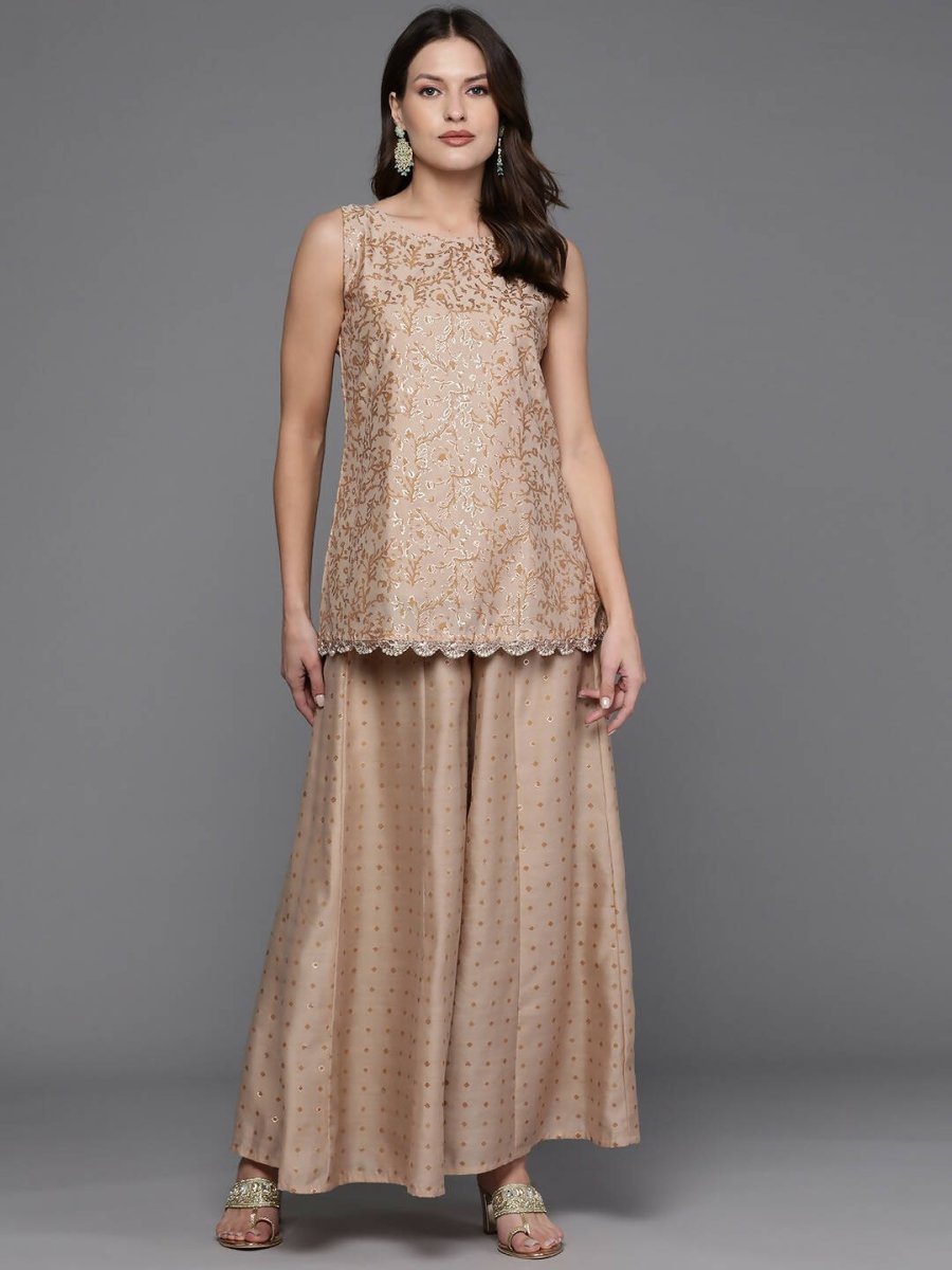 Ahalyaa Women Floral Printed Top with Palazzos - Tan Color | Grocsy