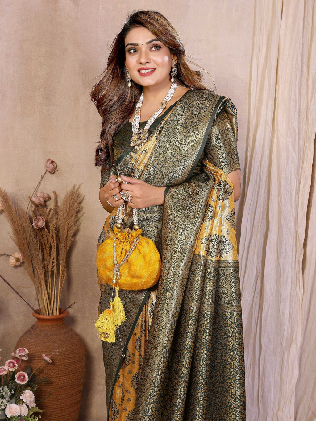 Aastha Fashion Mustard Banarasi Tissue Silk Weaving Saree | Grocsy
