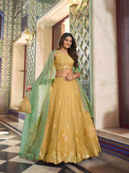 Lorenvalley Fashion Yellow NC Moss Silk Sequins and Thread Embroidery Work Lehenga Choli with Dupatta | Grocsy