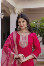 The52 Women's Beautiful Embroidery Work Viscose Chanderi Fabric Straight Kurta Pant and Dupatta Set-Red | Grocsy