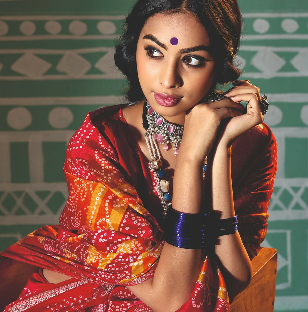 Joban Fashion Vicitra Silk Red Soft Fabric With Digital Print Saree | Grocsy