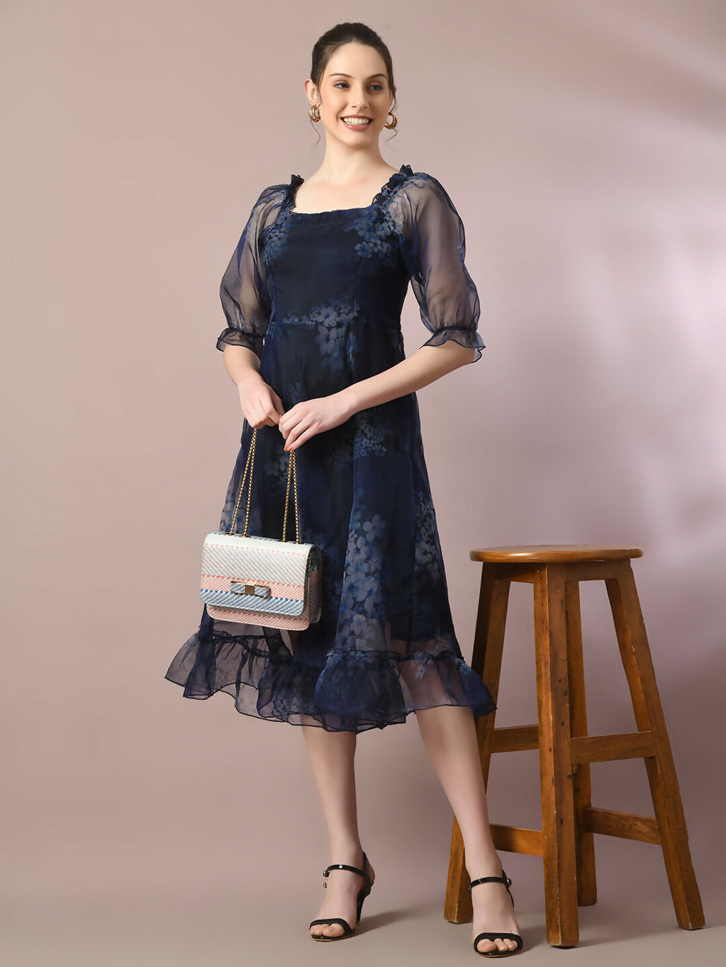 Myshka Women's Navy Blue Printed Square Neck Fit and Flare Party Dress | Grocsy