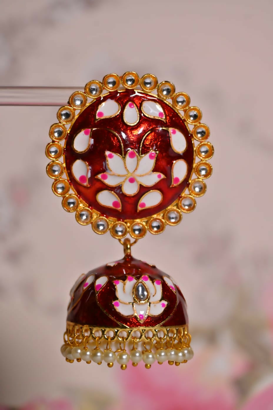 Maroon Round Shape Ethnic Meenakari Jhumki Earrings By House of Ree - Swadesiicart