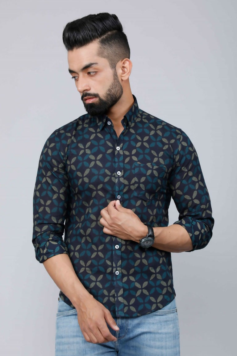Miravan Men's Blue Floral Print Slim Fit Shirt with Patch Pocket | Grocsy