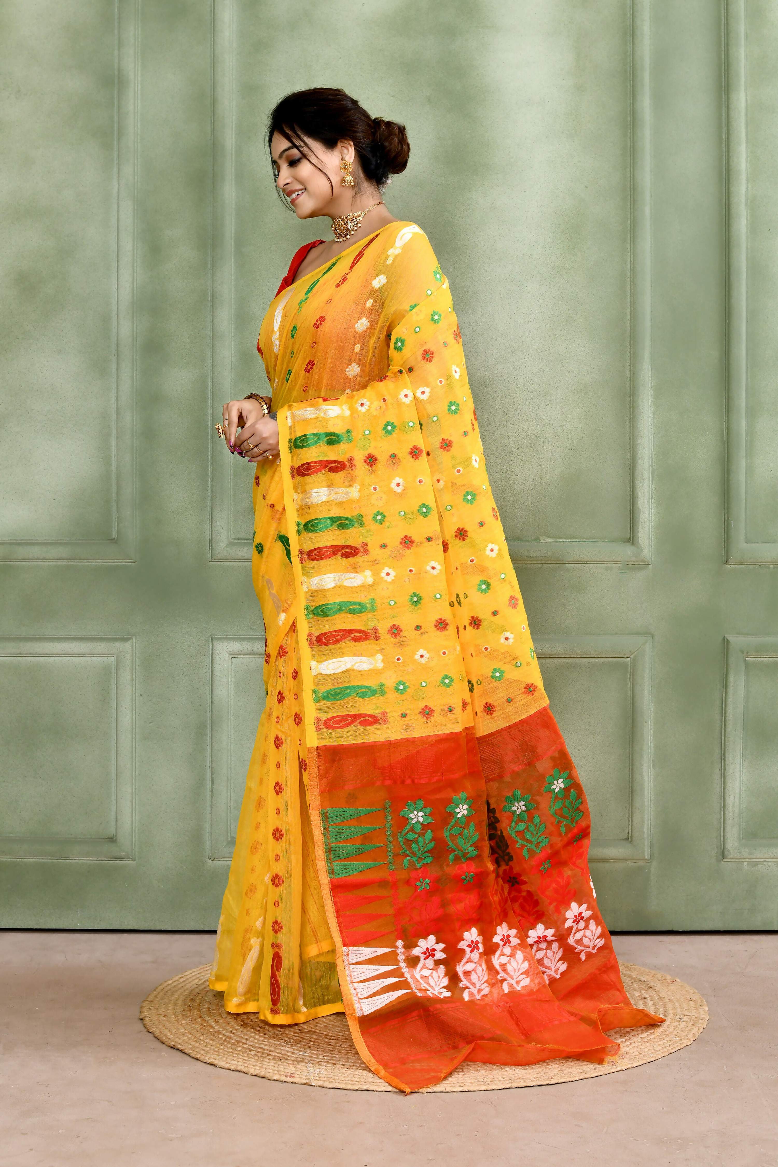 Piyari Fashion Women's Yellow Embellished Cotton Blend Jamdani Saree | Grocsy