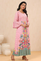 Juniper Pink Floral Printed Rayon Kurta With Buttons Closure At Back | Grocsy