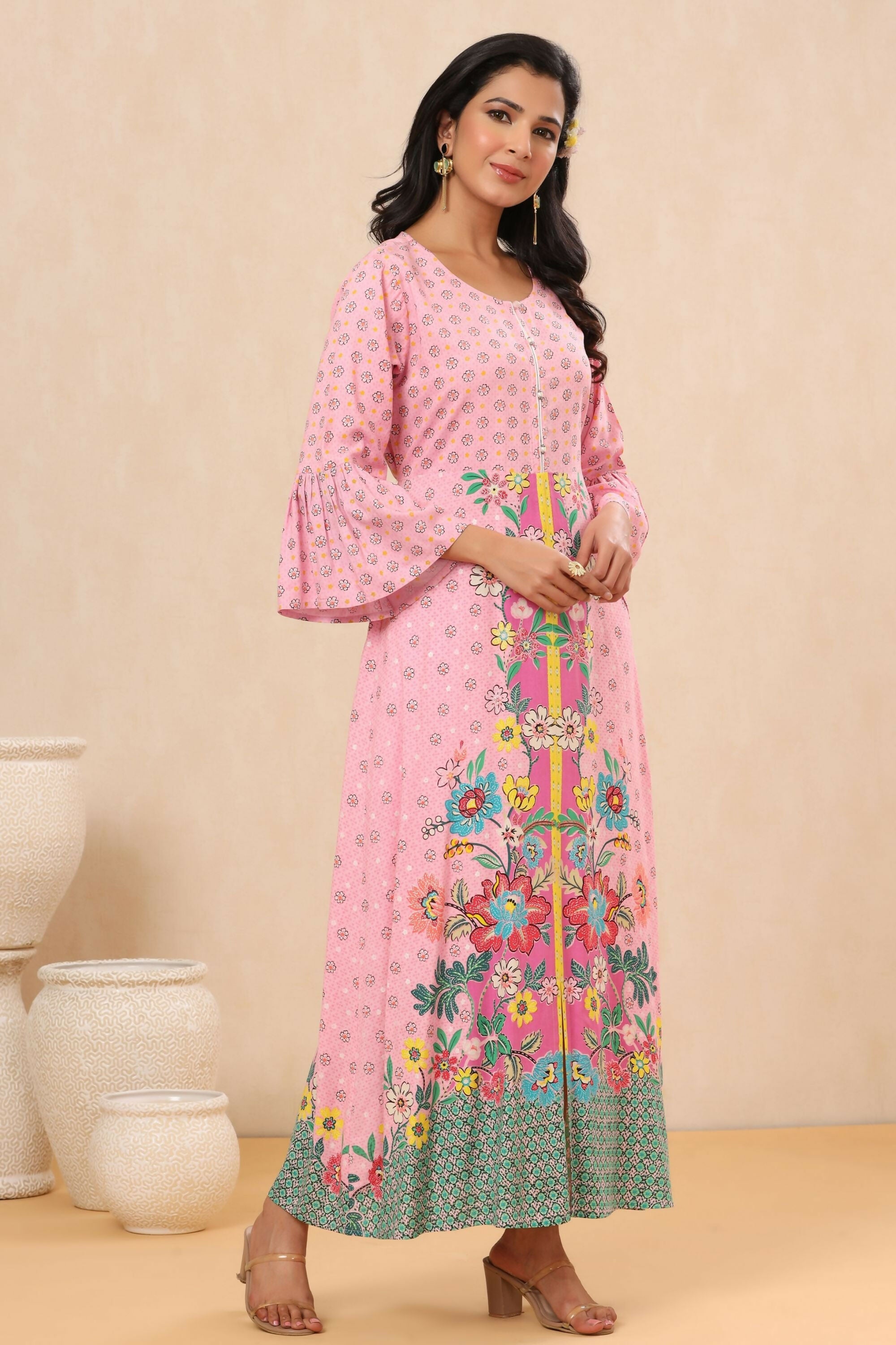 Juniper Pink Floral Printed Rayon Kurta With Buttons Closure At Back | Grocsy