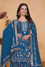Teeya Creation Blue Color Faux Georgette Embroidery Work Wedding Wear Palazzo Set | Grocsy