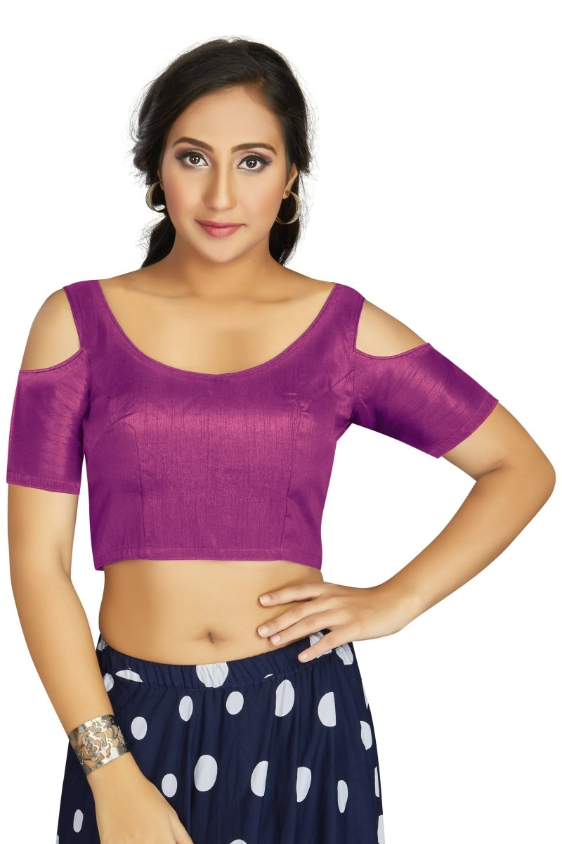 Aastha Fashion Women's Purple Art Silk Cold Shoulder Sleeve Readymade Blouse | Grocsy