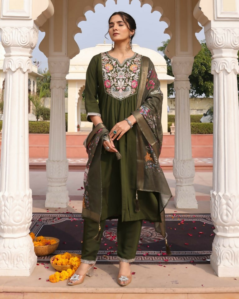 Jyoti Fashion Women's Mehendi Cotton Silk Hand Work with Floral Printed Kurta Set | Grocsy