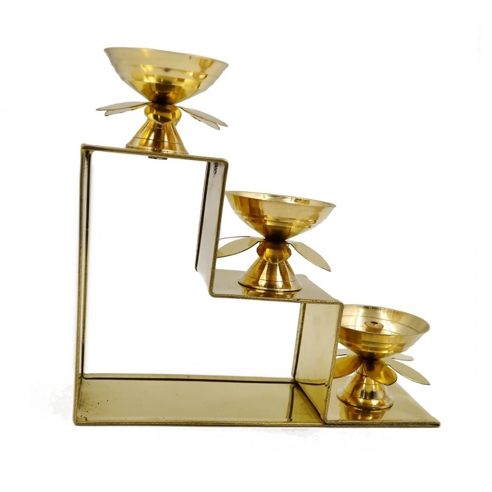 CraftVatika Brass Lotus Diya Oil Puja Lamp Piller Stand 3 Step Diya | Grocsy